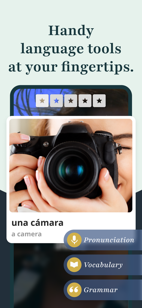 Rosetta Stone: Learn Languages - Interfaz de la aplicación Rosetta Stone que muestra una lección de vocabulario en español para una cámara con opciones de pronunciación, vocabulario y gramática.