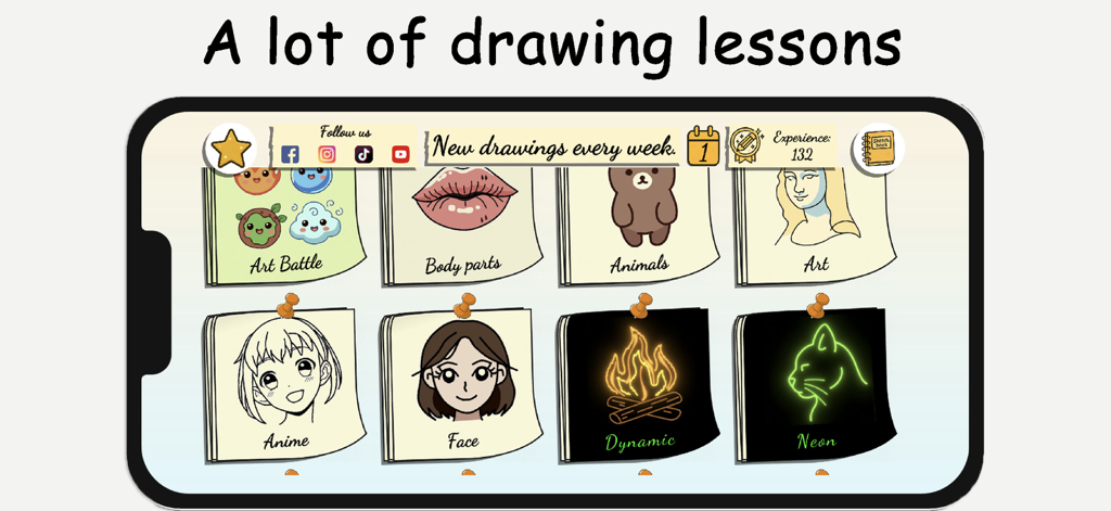 ArtLoop app interface showing drawing lesson categories including anime animals and neon styles