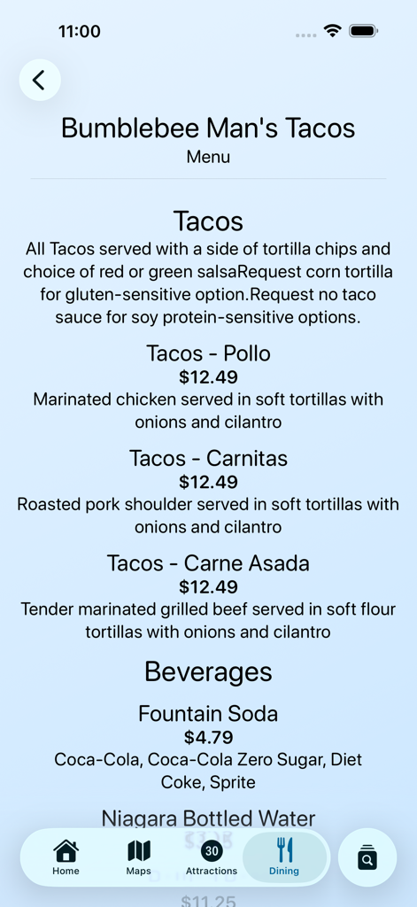 Magic Guide: Universal Orlando - Pantalla del menú de comida para Bumblebee Mans Tacos dentro de la aplicación Magic Guide Universal Orlando, mostrando precios de tacos y opciones dietéticas.