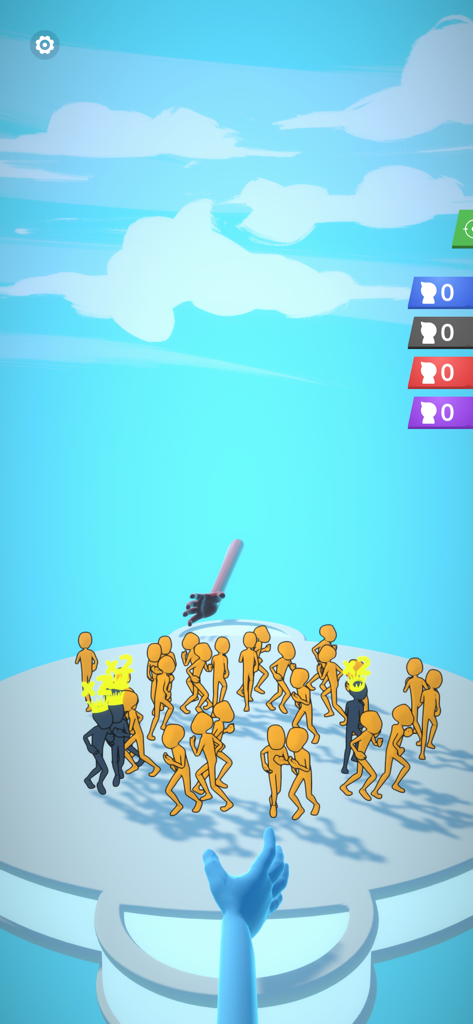 Grab and Throw - A giant hand reaching to grab stickmen on a platform in the Grab and Throw game