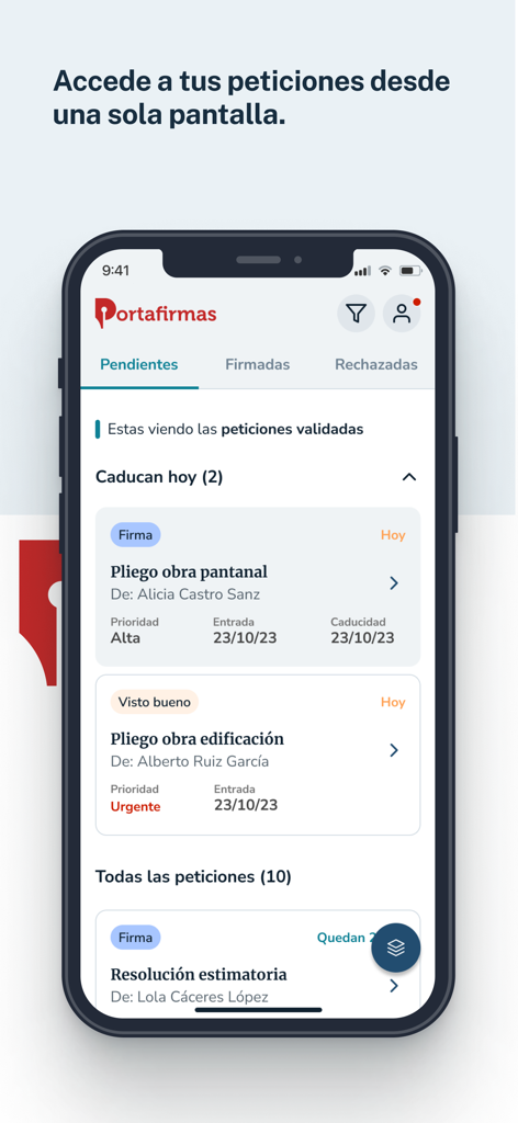 Mi Portafirmas - Oberfläche der mobilen Mi Portafirmas-App, die eine Liste ausstehender digitaler Signaturanfragen anzeigt