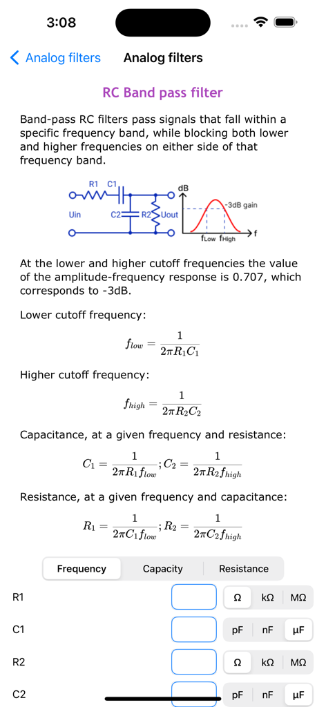Electronic Circuits Calc Pro - RC band pass filter calculation screen with schematic diagram and formulas