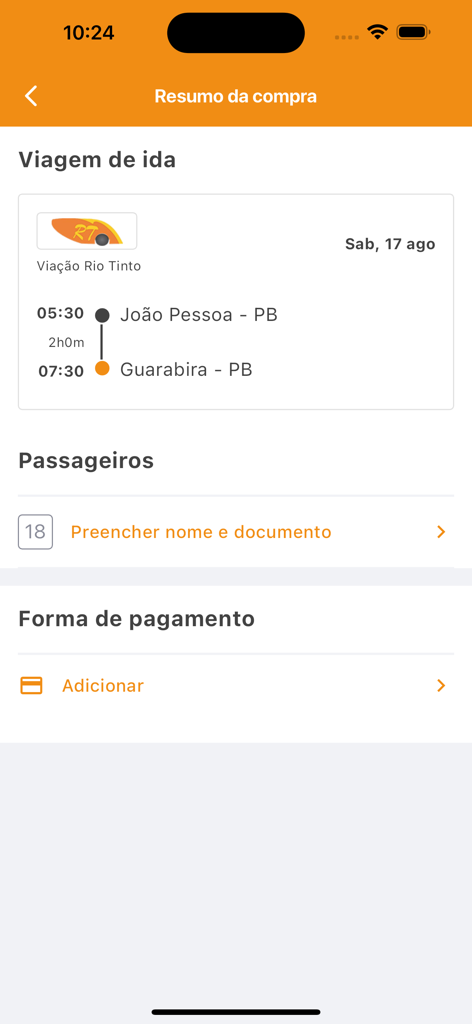 Viação Rio Tinto - Purchase summary screen for a bus trip from Joao Pessoa to Guarabira in the Viacao Rio Tinto app.