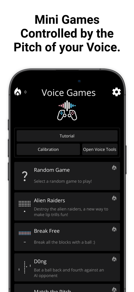 Voice Games - Menu principal do aplicativo Voice Games mostrando uma lista de minijogos de arcade controlados por tom