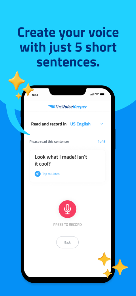 The Voice Keeper AAC - Interfaz de la aplicación The Voice Keeper AAC que muestra la pantalla para grabar una de las cinco frases cortas para crear una voz personal.