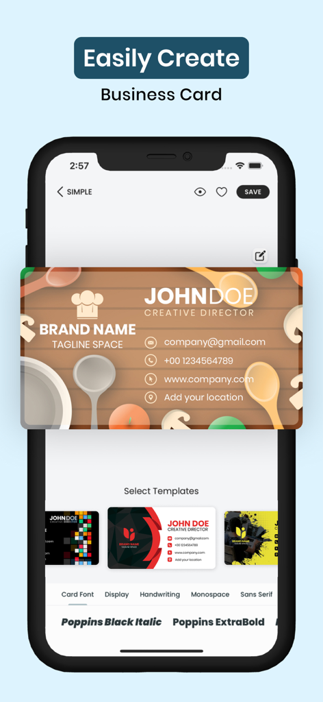 Business card maker app che mostra un design personalizzato a tema culinario con opzioni di font su un iPhone.