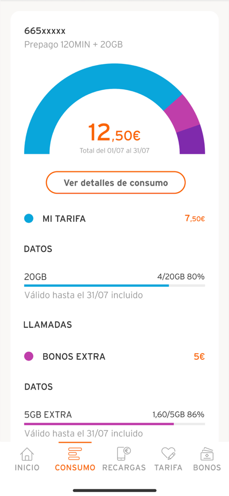 Painel de consumo do aplicativo móvel Simyo mostrando uso de dados pré-pagos e detalhes do plano em espanhol.