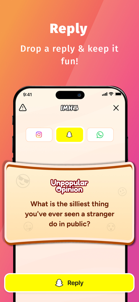 IMHO™: Honest Q&A with friends - Interfaz de la aplicación IMHO mostrando una tarjeta de pregunta de Opinión Impopular y un botón de respuesta de Snapchat