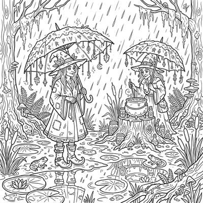 Discover the mystical charm of swamp witches on a rainy day in this captivating coloring page. Add your own vibrant colors to their enchanted wetland, complete with bubbling cauldrons and magical umbrellas.