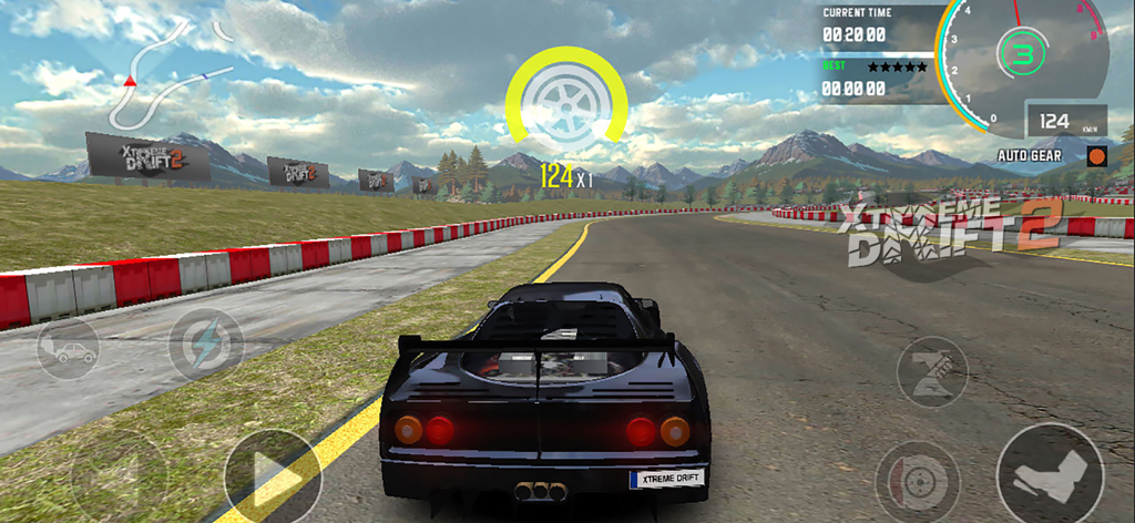 Gameplay of Xtreme Drift 2 showing a black sports car on a mountain race track