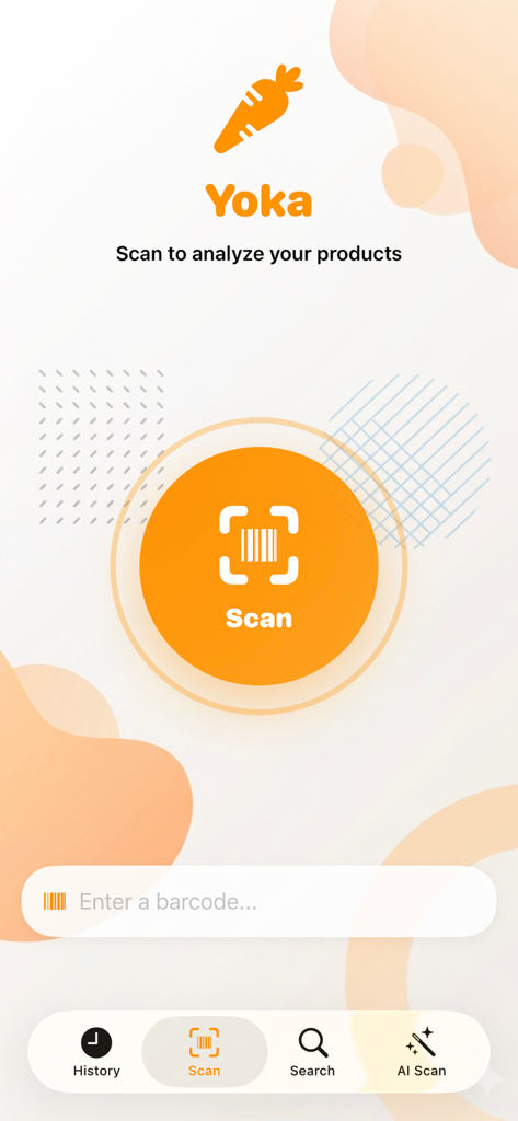 Home screen of the Yoka Ai app featuring a central orange scan button and search bar to analyze food and cosmetic products.