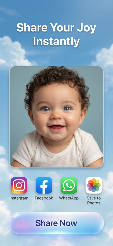 Screenshot of MiniMe app showing social media sharing options for an AI generated baby photo