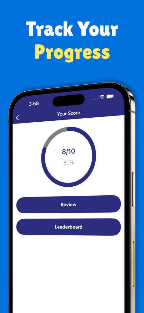 Kentucky DMV Permit Test app score screen showing a result of 80 percent with buttons for review and leaderboard