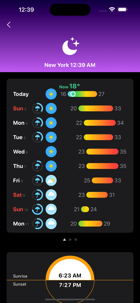 Four Seasons: Weather Forecast - Interfaz minimalista de aplicación meteorológica que muestra un pronóstico de 10 días con barras de temperatura arcoíris y horas de salida y puesta del sol.