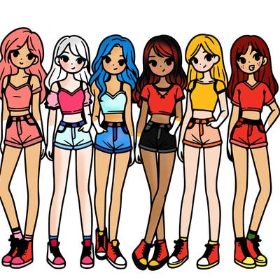a group of girls wearing crop tops and shorts