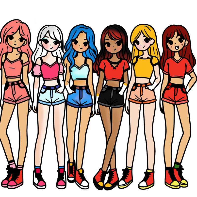a group of girls wearing crop tops and shorts