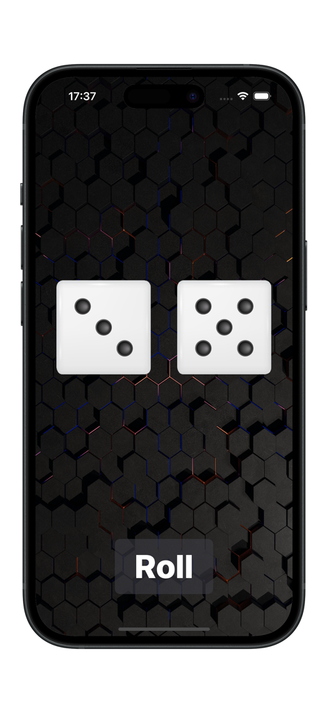 Mobile application screen showing two dice and a roll button
