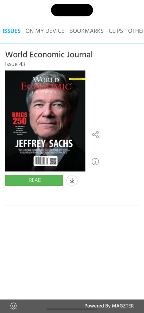 World Economic Journal Mag - World Economic Journal app interface displaying Issue 43 with Jeffrey Sachs on the cover
