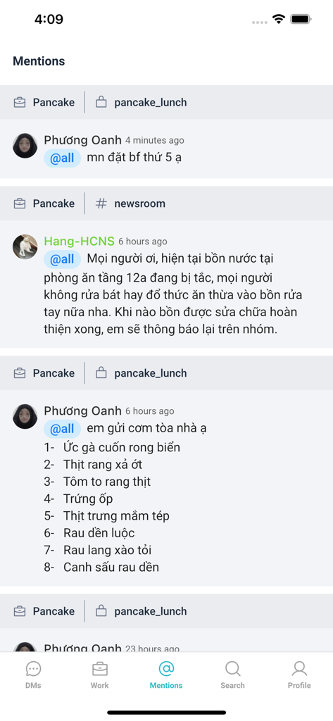 Pancake Work - Interface of the Pancake Work app showing the Mentions tab with team communication and group notifications