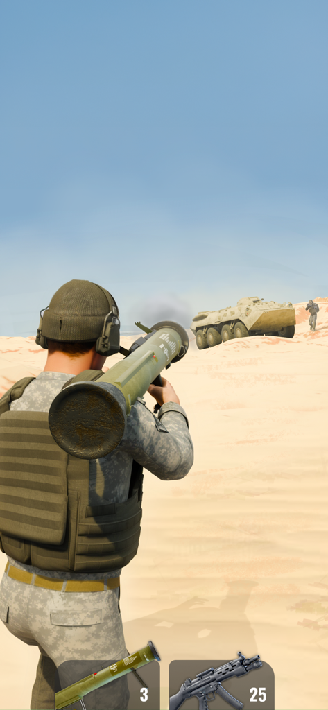 Shoot Out: Shooting Simulator - Vista en tercera persona de un soldado apuntando con un lanzacohetes a un vehículo blindado en un paisaje desértico.