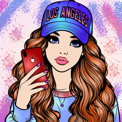 realistic beautiful girl wearing los ángeles cap holding an iphone