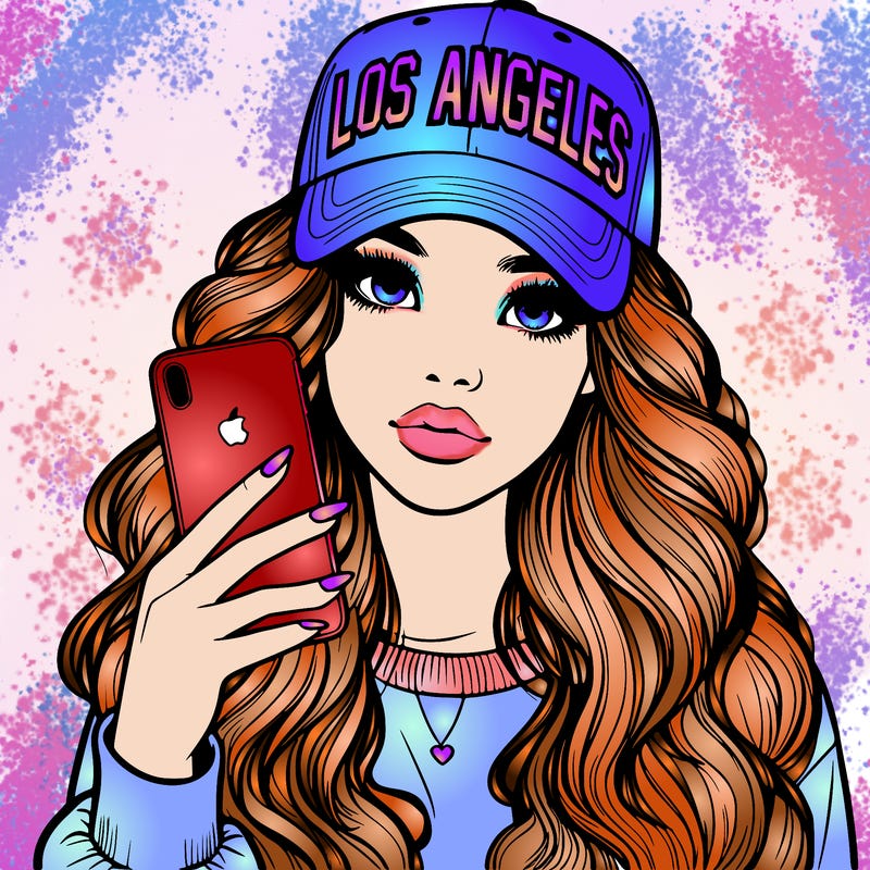 realistic beautiful girl wearing los ángeles cap holding an iphone