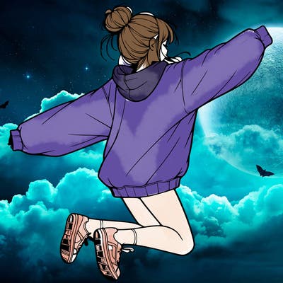 realistic girl jumping with a bun and oversized sweatshirt