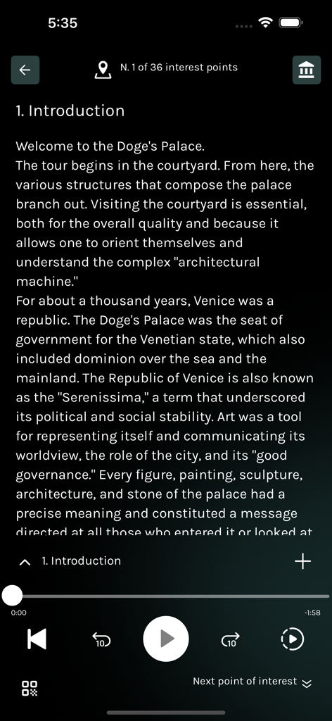 MuVe - Pantalla de introducción del tour del Palacio Ducal en la app MuVe Venice con texto histórico y controles de audio