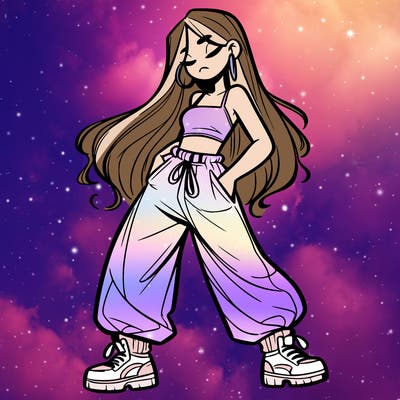 girl in baggy pants crop top and long hair