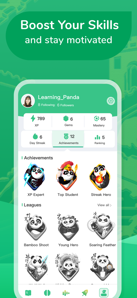 Schermata del profilo utente dell'app ChineseSkill che mostra i risultati e le leghe competitive.