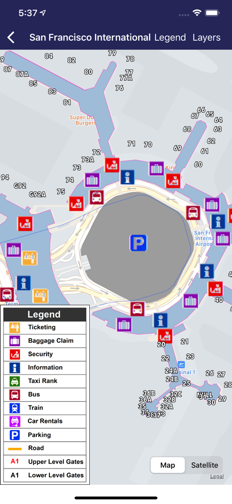 Detailed terminal map of San Francisco International Airport showing gate numbers and service icons.