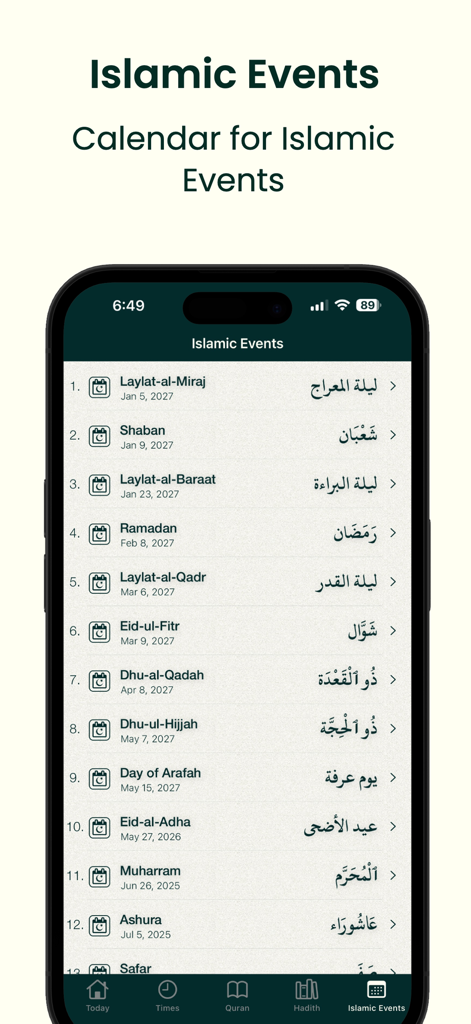 A mobile app screen showing a list of upcoming Islamic events and dates in English and Arabic.