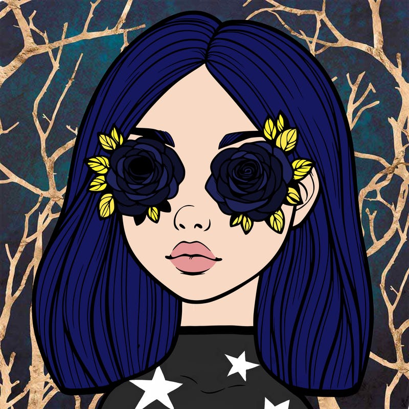 a realistic girl with roses for eyes