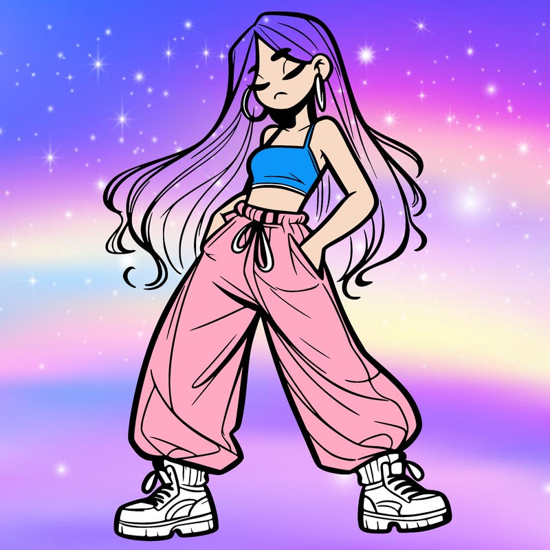 girl in baggy pants crop top and long hair
