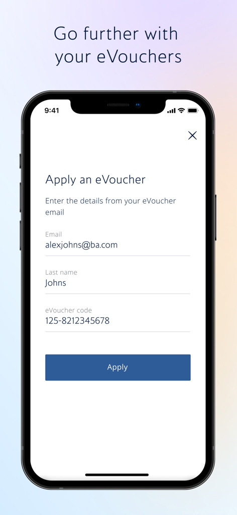 British Airways app interface to apply an eVoucher for travel