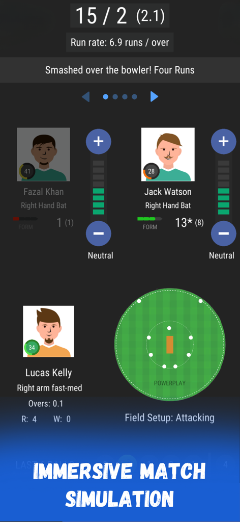 Captura de pantalla del juego Wicket Cricket Manager que muestra la simulación bola a bola del partido y las estadísticas de los jugadores