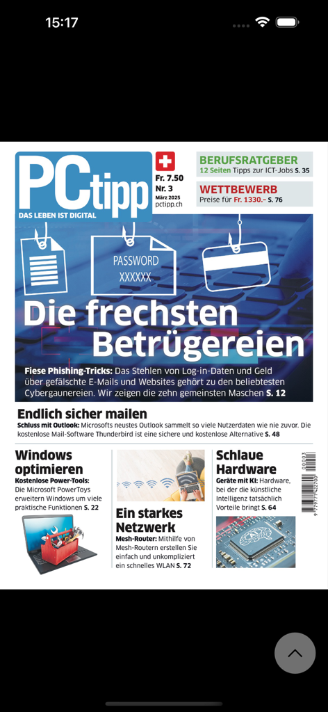 PCtipp E-Paper - Front cover of the PCtipp E-Paper digital magazine issue featuring articles on cyber security and hardware optimization