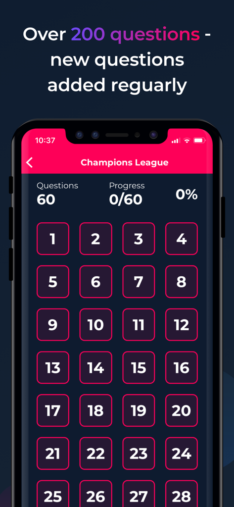Football Quiz - Who Am I? - Football Quiz app screen showing the Champions League level selection grid and progress