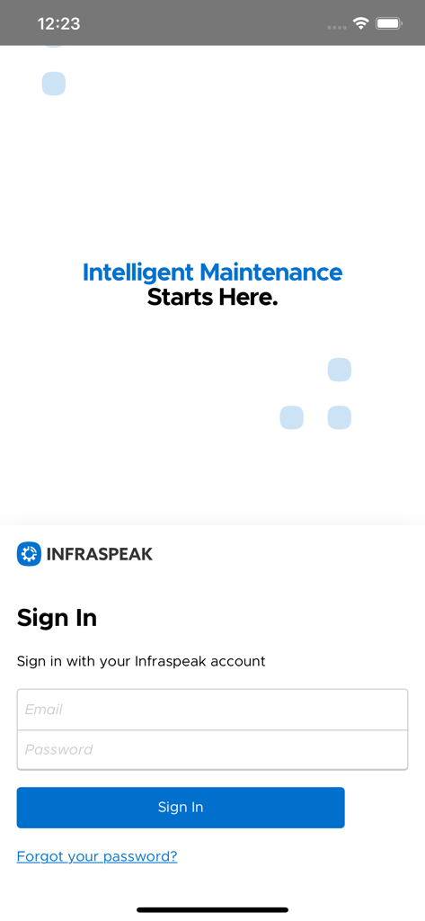 Infraspeak Manager - Tela de login para o aplicativo móvel Infraspeak Manager