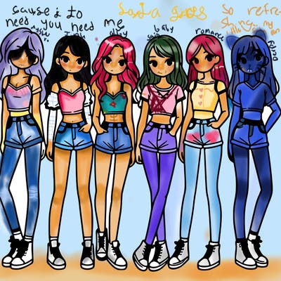 a group of girls wearing crop tops and shorts