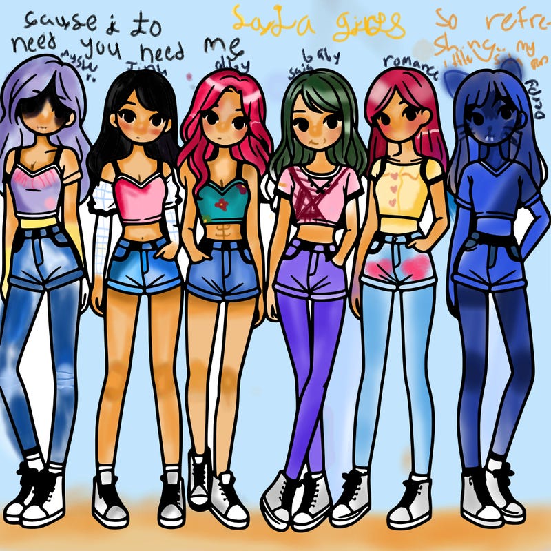 a group of girls wearing crop tops and shorts