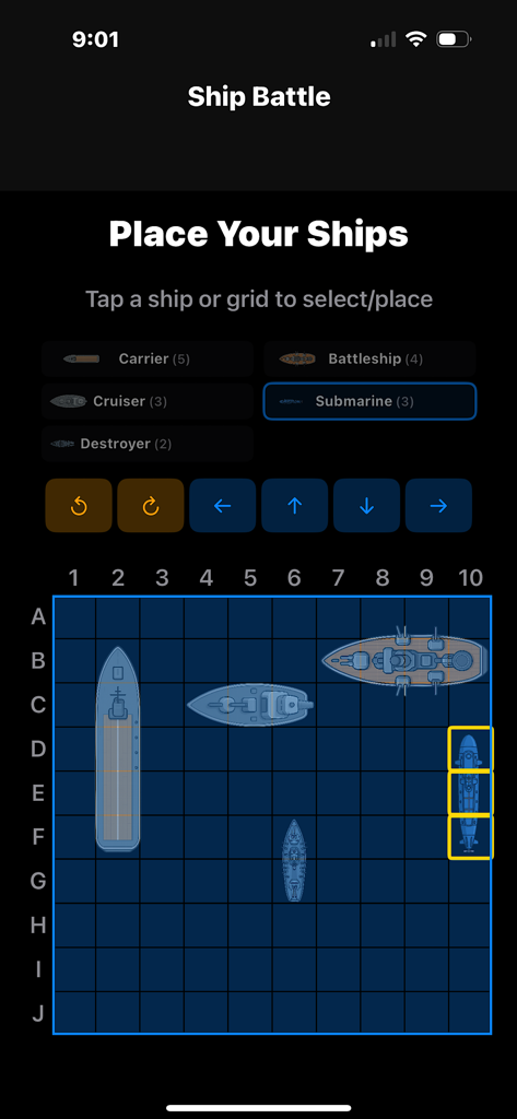 Offline MultiPlayer Games - Ship Battle game interface for placing ships on a 10x10 grid within the Offline Multiplayer Games app