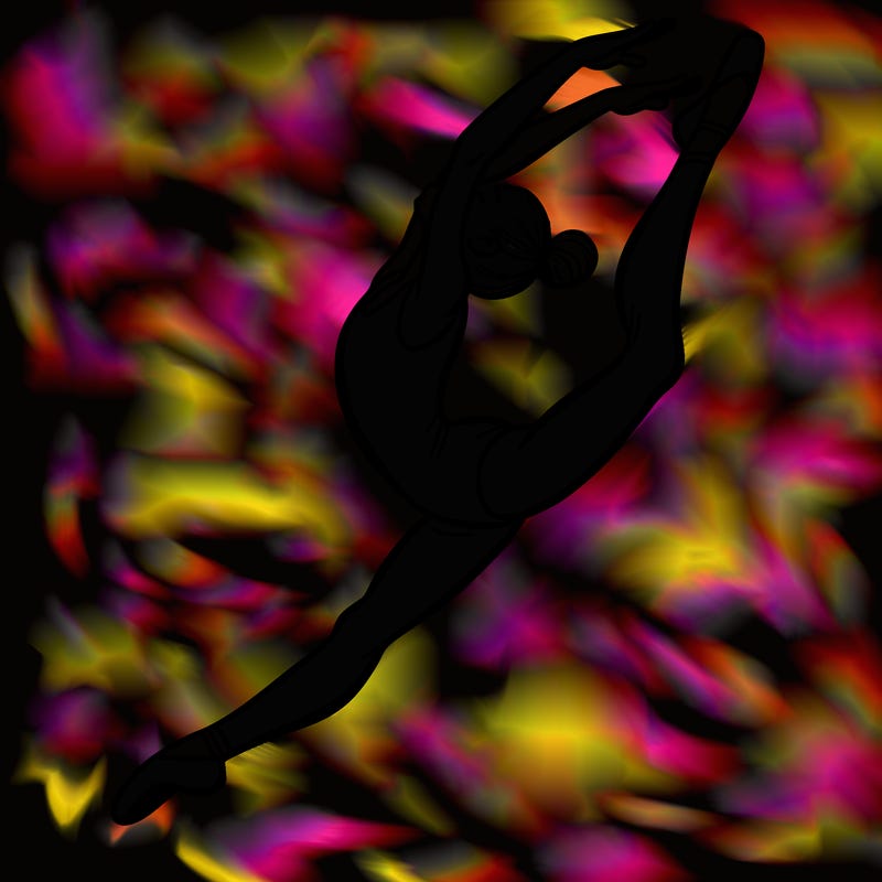 gymnast doing a leap in a leotard with a bent back leg