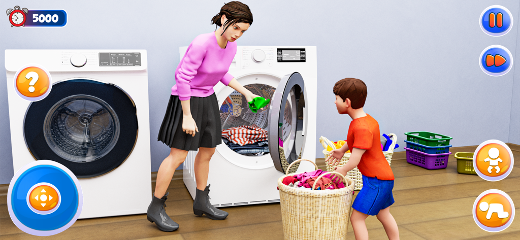 Eine virtuelle Mutter und ihr Sohn waschen in einem Familiensimulationsspiel Wäsche