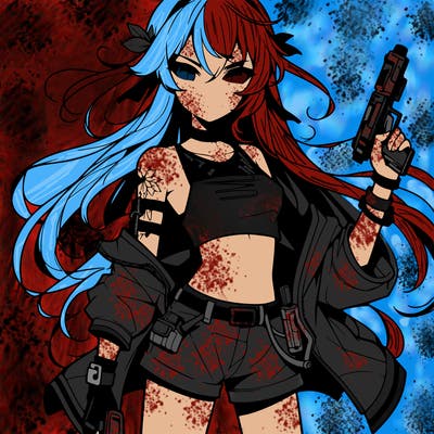 bad girl wearing crop top holding a gun long hair anime