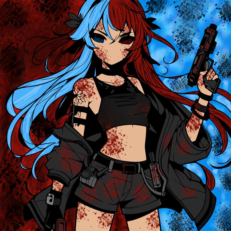 bad girl wearing crop top holding a gun long hair anime