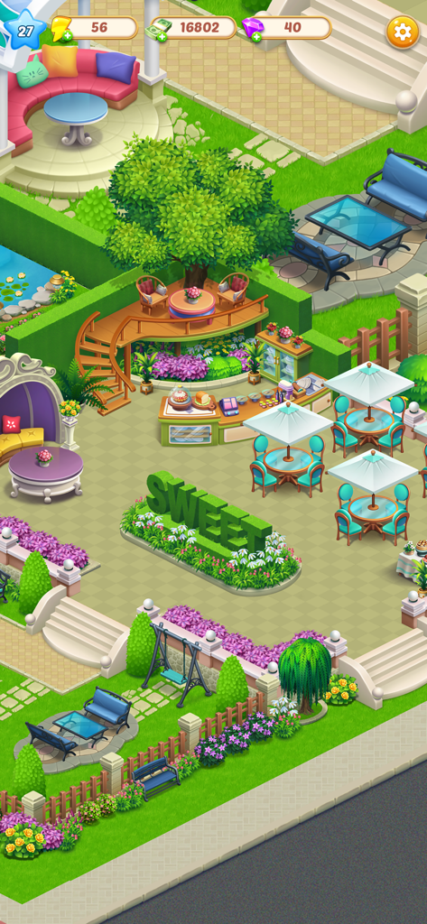 Beautifully decorated outdoor restaurant garden with tables and flowers in Merge Food game