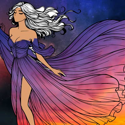 realistic woman in dress flowing the the wind