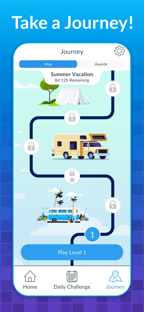 Eine Reisekarte in der Sudoku-App mit einem Sommerurlaubsthema und Illustrationen eines Zeltes, eines Wohnmobils und einer Strandszene.
