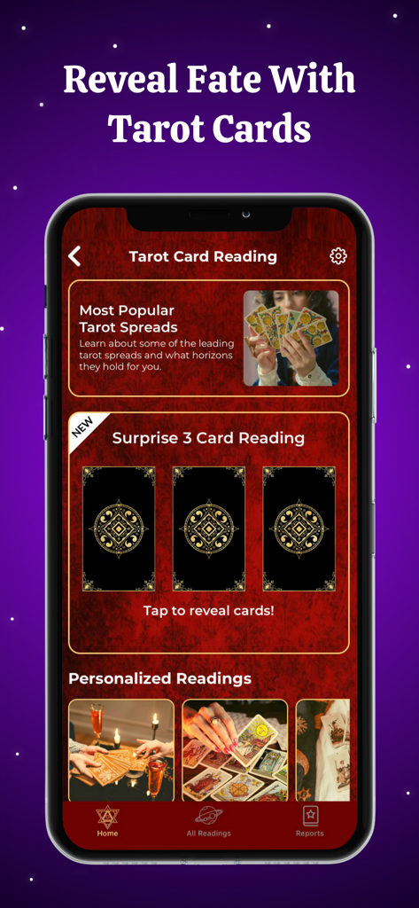 Tarot Card Reading & Horoscope - Interfaz de la aplicación Lectura de Tarot que muestra una lectura de tres cartas y tiradas de tarot populares